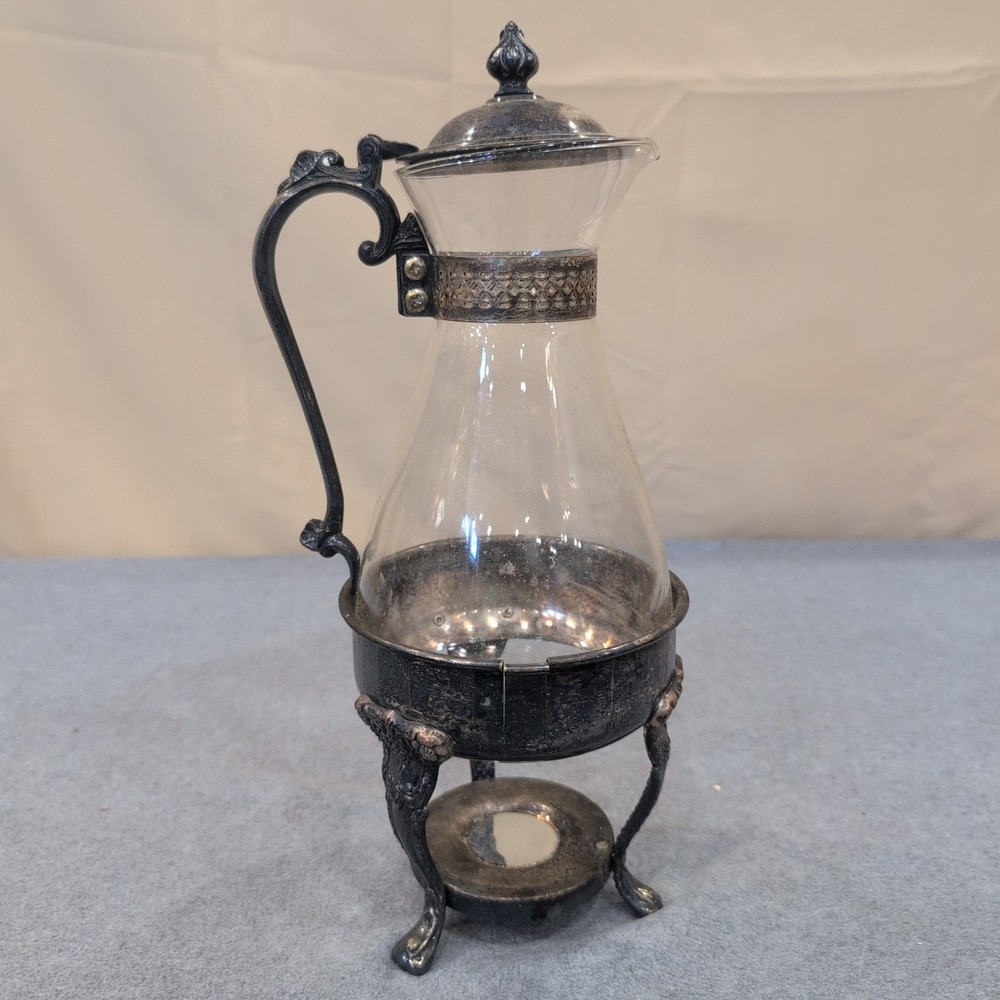 Sheridan Silver Plated Glass Carafe with Ornate Warming Stand Vintage Beverage - Picture 5 of 9